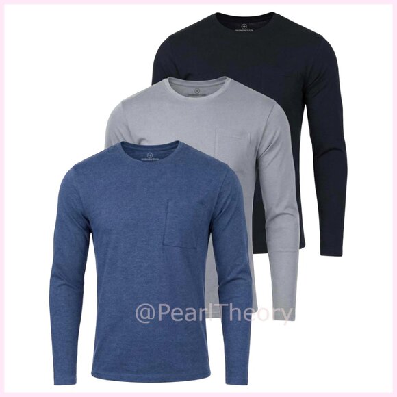Men's Cotton Long Sleeve Crew Neck Pocket T-Shirt 3 Pack
